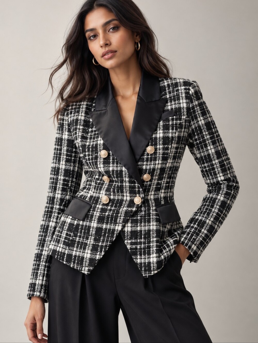 RACHEL PARCELL Black White Metallic Tweed Satin Lapel Double Breasted Blazer 8
